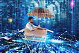 Businessman surfing the internet on a cardboard. Internet exploration concept