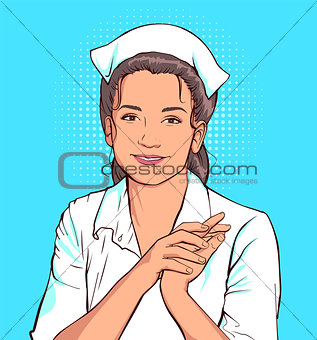 Shy nurse woman in white coat