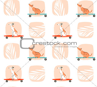 Hand drawn vector cartoon drawing summer time fun seamless pattern illustration with riding dogs on skateboards and long boards isolated on white background.