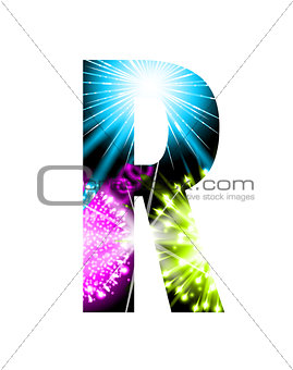 Sparkler firework letter isolated on white background. Vector design light effect alphabet. Letter R