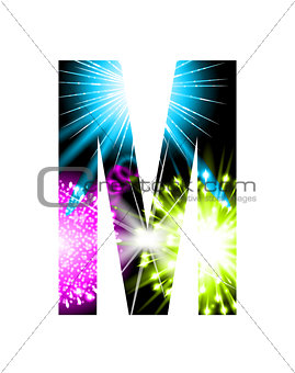 Sparkler firework letter isolated on white background. Vector design light effect alphabet. Letter M