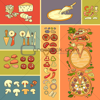 Pizza icon. Set of cute various pizza ingredient  icons.