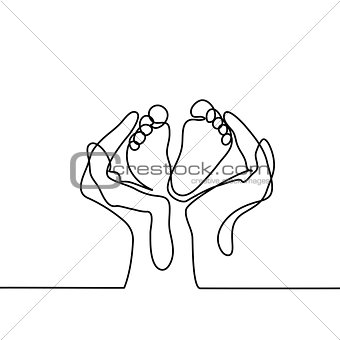 Hands holding baby foot - protection symbol.