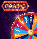 Spinning fortune wheel, Internet casino banner with glowing lamps for online casino, poker, roulette, slot machines, card games. Vector illustration, shiny background