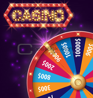 Spinning fortune wheel, Internet casino banner with glowing lamps for online casino, poker, roulette, slot machines, card games. Vector illustration, shiny background
