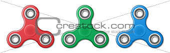 Set of Hand fidget spinner toys - stress and anxiety relief. Red, green and blue spinner plastic toys.