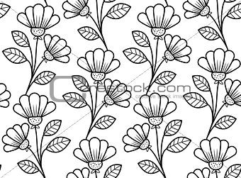 Botanical seamless pattern, hand-drawn vector flowers in black and white