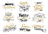 Happy New Year and Merry Christmas hand drawn lettering labels