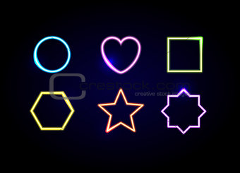 Neon different shapes frames. Glowing circle, heart, square, hex
