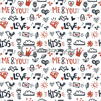 Doodle hand drawn seamless pattern. Cute elements romantic vecto