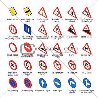 Isometric european traffic signs. Vector road icons collection.