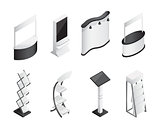 Isometric gradient exhibition stands vector icons set.