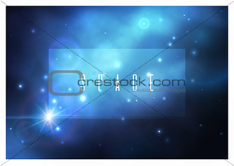 Vector space background with bright blue nebula and white stars.