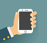 Hand holing white smartphone, touching blank screen. Using mobile smart phone similar to iphon, flat design concept. vector illustration