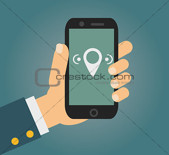 Flat style - male hand holding mobile phone with free wi fi sign on the screen
