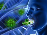 3D male figure with mouth open with virus cells