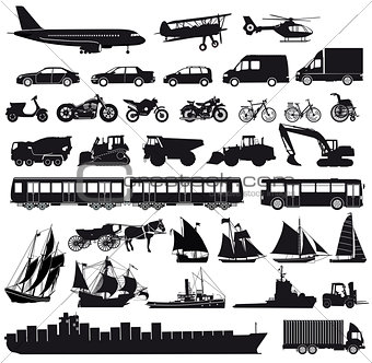 Set of cars, truck, bus, ships, bicycles, scooter, motorcycle,