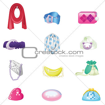 Woman accessories set. Collection of colorful female accessories bags, scarf, belts. Vector illustration.