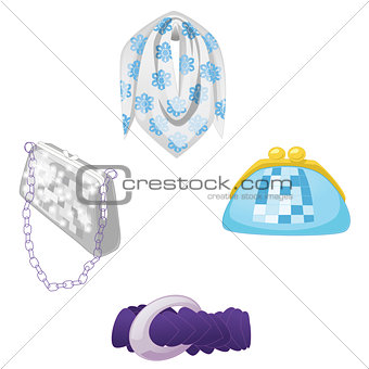 Woman accessories set. Collection of colorful female accessories bags, scarf, belts. Vector illustration.