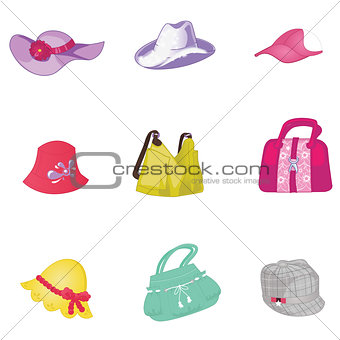 Woman accessories set. Collection of colorful female accessories bags and hats. Vector illustration.