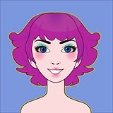Sexy cartoon girl with short curly hairstyle and blue eyes