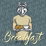 Vector Illustration of husky dog with croissant and coffee