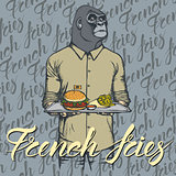 Vector Illustration of gorilla with burger and French fries