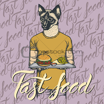 Vector Illustration of cat with burger and French fries