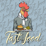 Vector Illustration of rooster with burger and French fries