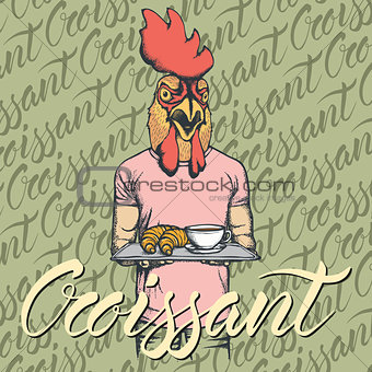 Vector Illustration of rooster with croissant and coffee