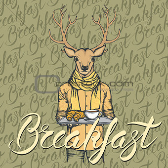 Vector Illustration of deer with croissant and coffee