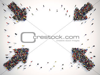 Arrows made of people. Concept of people advertisement. 3D Rendering