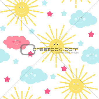 Children's Seamless Pattern Background with Sun, Cloud and Stars Vector Illustration