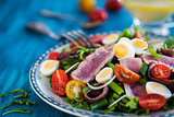 Tuna salad with tomatoes, boiled eggs, onion, anchovy and lettuc
