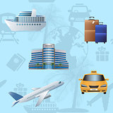 seamless pattern travel, cruise, ship, plane, hotel