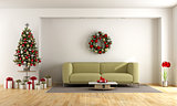 white living room with christmas tree