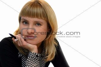 young woman with pen in office