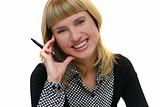 young woman with pen is smiling in office
