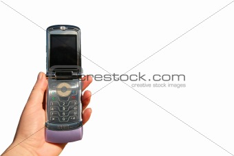 Hand held phone on white background