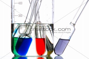 retorts with coloured liquids