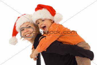 Woman and little boy playing - studio shot - isolated