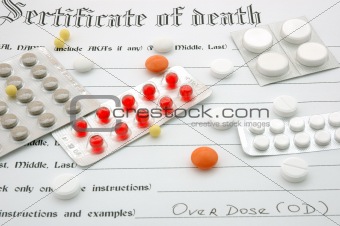 Certificate of death and pills.