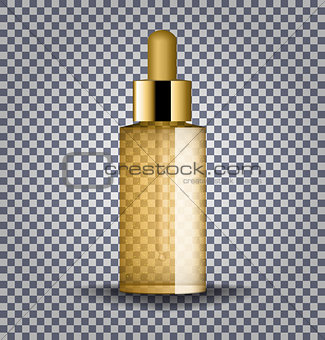 Realistic gold cosmetic glass bottle with dropper. Cosmetic vials for oil, collagen serum, liquid essential. Mock up vector illustration isolated on transparent background.