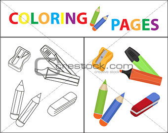 Coloring book page. Back to school set, marker, pencils, sharpener, eraser. Sketch outline and color version. Coloring for kids. Childrens education. Vector illustration.