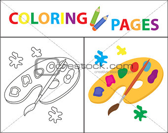 Coloring book page. Palette of paints, brush. Sketch outline and color version. Coloring for kids. Childrens education. Vector illustration.