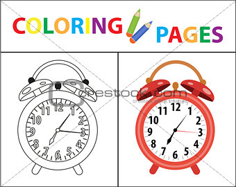 Coloring book page. Red alarm clock. Sketch outline and color version. Coloring for kids. Childrens education. Vector illustration.