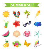 Hello summer icon set, flat, cartoon style. Beach, vacation collection of design elements. Isolated on white background. Vector illustration, clip-art.