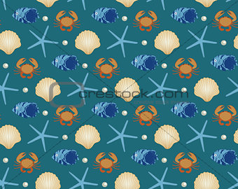 Marine seamless pattern, cartoon style. Underwater world, sea life infinite background. Starfish, shell, fishes repeating texture. Vector illustration.