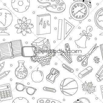 Back to school seamless pattern, hand drawing, doodle style. Stationery endless background. Education Line repeating texture. Vector illustration.