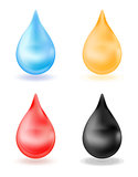 Set of realistic drops, yellow, blue, red, black. 3d drop isolated on white background. Water, blood, oil, honey. Vector illustration.